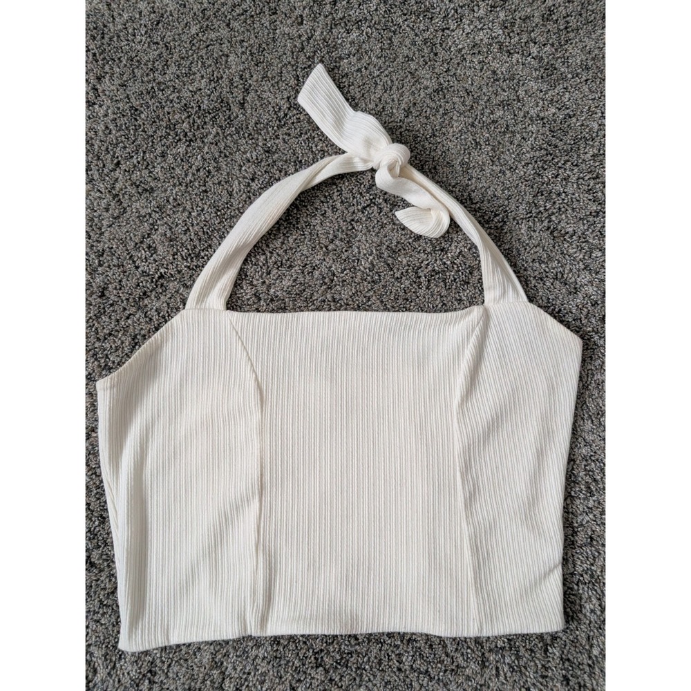 MP|C Cream Ribbed Halter‎ Neck Crop Top Square Neck Tie Back Womens Large